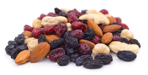 Handfuls of nuts and dried fruits.