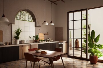 Fototapeta na wymiar Beautiful Spanish Style Kitchen Dining Interior with Plants and Furniture Made with Generative AI