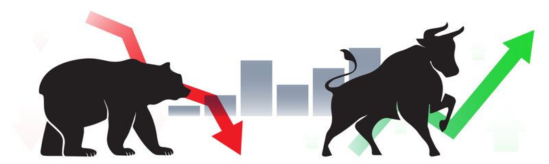 Bull and Bear or bullish or bearish stock market grow or crash vector illustration