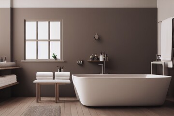 Naklejka na ściany i meble Luxury Grey Modern Primary Bathroom Interior with White Soaking Tub in Golden Hour Made with Generative AI