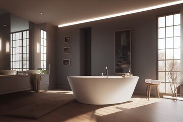 Naklejka na ściany i meble Luxury Grey Modern Primary Bathroom Interior with White Soaking Tub in Golden Hour Made with Generative AI