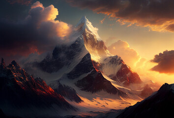 View of top of Mount Everest. Nepal. Generative AI Art. Beautiful sunset. - obrazy, fototapety, plakaty