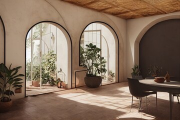 Luxurious Spanish Modern Arched Doorway Interior with Plants in Dining Room Made with Generative AI