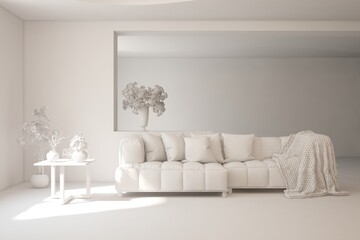 Mock up of minimalist living room in white color with sofa. Scandinavian interior design. 3D illustration
