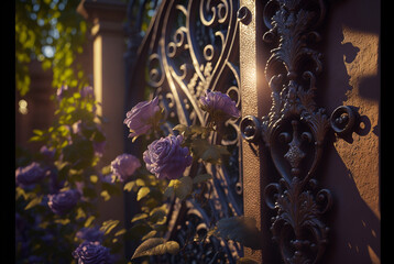 Morning sunshine adorable violet roses Chinese classical walls and gates in the background,generative ai.