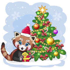 Red panda with candy kane in santa hat, cute character, new year and christmas greeting card, rare animals