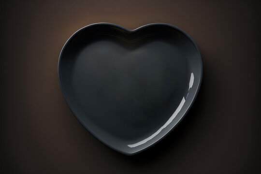 Heart Shaped Fried Black Plate, Top View. Generative AI