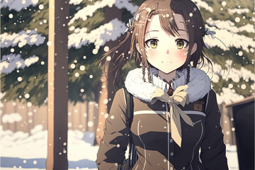 a very cute light brunette anime girl close-up with a parka, snow and trees in background winter illustration generative ai