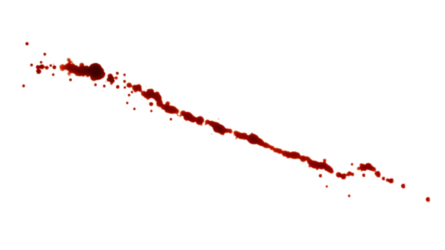 Long row of dark blood drops. Isolated png with transparency