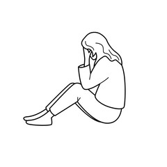 Sad woman is sitting on the floor. Side view vector isolated illustration in outline style.