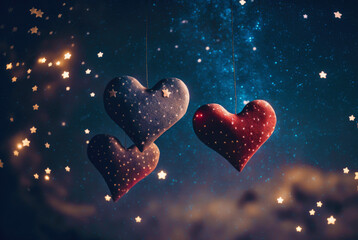 Fototapeta na wymiar Valentines day, hearts on sky with starts at night, background illustration.