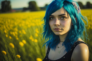 A cute beautiful emo girl with blue hair on a yellow dandelion field with copy space, generative AI