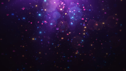 Festive glittering falling confetti. Elegant colorful particle flow. Gentle stream of luxury dust, magical snowfall, creative soft bokeh, awarding abstract background. 3d rendering