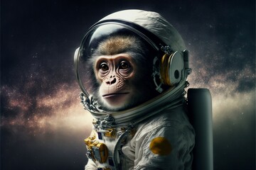 Portrait chimpanzee, monkey in a spacesuit in the galaxy, Stylized drawing, fashionista on a colored background  - obrazy, fototapety, plakaty
