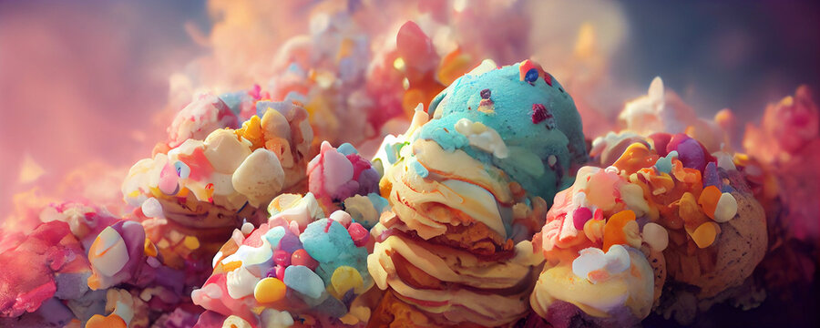 fantasy colorful sweet magical landscape of ice cream and candy on blurred background ,generative ai.