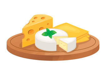 Various types of cheese on a wooden cutting board icon vector. Camembert, emmental and sliced cheese vector illustration isolated on a white background. Cheese board drawing