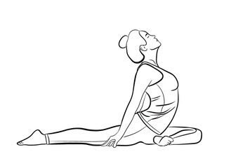 Illustration réaliste d’une femme faisant des étirements de gym au sol: fente avant. Dessin réaliste au contour noir épuré, trait  minimaliste. Thème : fitness, santé, sport, yoga