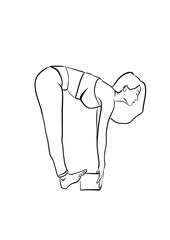 Illustration d’une femme en séance de yoga avec son bloc. Elle porte un legging fun au motif abstrait. Dessin réaliste et minimaliste aux lignes noir épurées. Thème : sport, santé, fitness