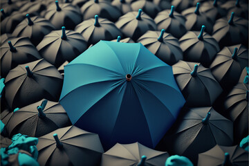 blue umbrella stand out from the crowd of many black umbrellas, front view. Generative AI