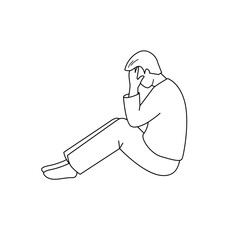 Sad man is sitting on the floor. Side view vector isolated illustration in outline style.
