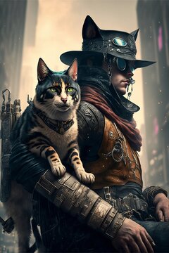 Cyberpunk-style Cowboy with a cat