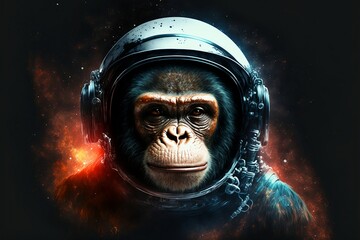 Portrait chimpanzee, monkey in a spacesuit in the galaxy, Stylized drawing, fashionista on a colored background 