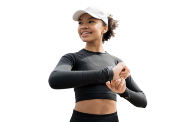 Athletic woman training using a smartwatch, isolated transparent background.