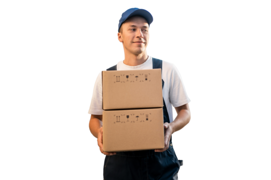 Courier delivery man in uniform delivery boxes order, isolated transparent background.