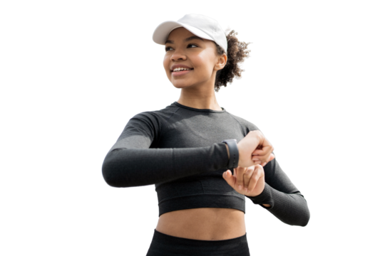 Athletic woman training using a smartwatch, isolated transparent background.
