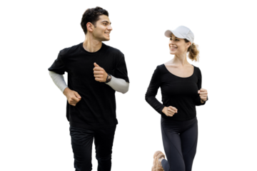 Young male and female runners, happy running, transparent background.