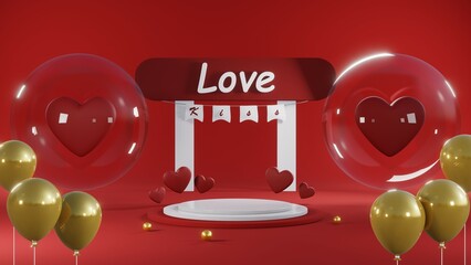 3D rendering of red podium for Valentine products on Valentine's Day.