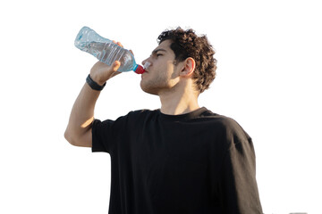 Athlete drinking water from a plastic bottle, isolated transparent background.