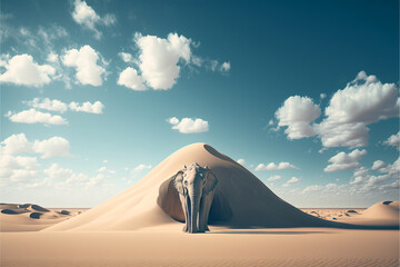 Fototapeta na wymiar minimal landscape of sky and symmetrical sand dunes with a lone lost elephant in the background. Generative AI