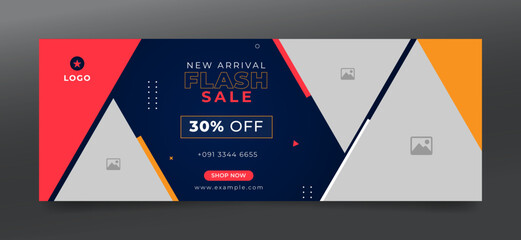 Flash sale facebook cover page timeline web ad banner template with photo place modern layout dark blue background, red orange shape and text - obrazy, fototapety, plakaty