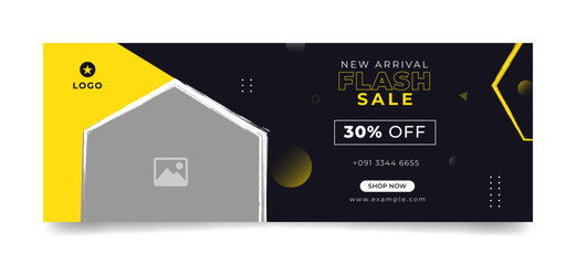 Flash sale facebook cover page timeline web ad banner template with photo place modern layout black background and yellow shape and text design