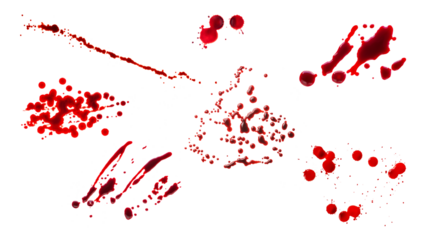 Long row of dark blood drops. Isolated png with transparency
