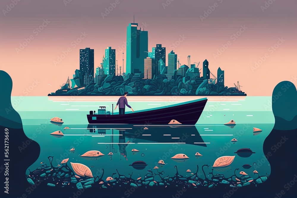Poster polluted water in the ocean is being cleaned up by a guy on a wooden boat, who is using a skip to co