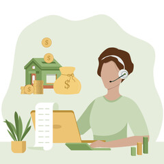 Illustrated concept of online financial or business consultations. Bank customer support call center operator.