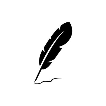 Black feather draws with ink. Vintage poetry pen for calligraphy writing and sketching with classic retro design and literary vector silhouette