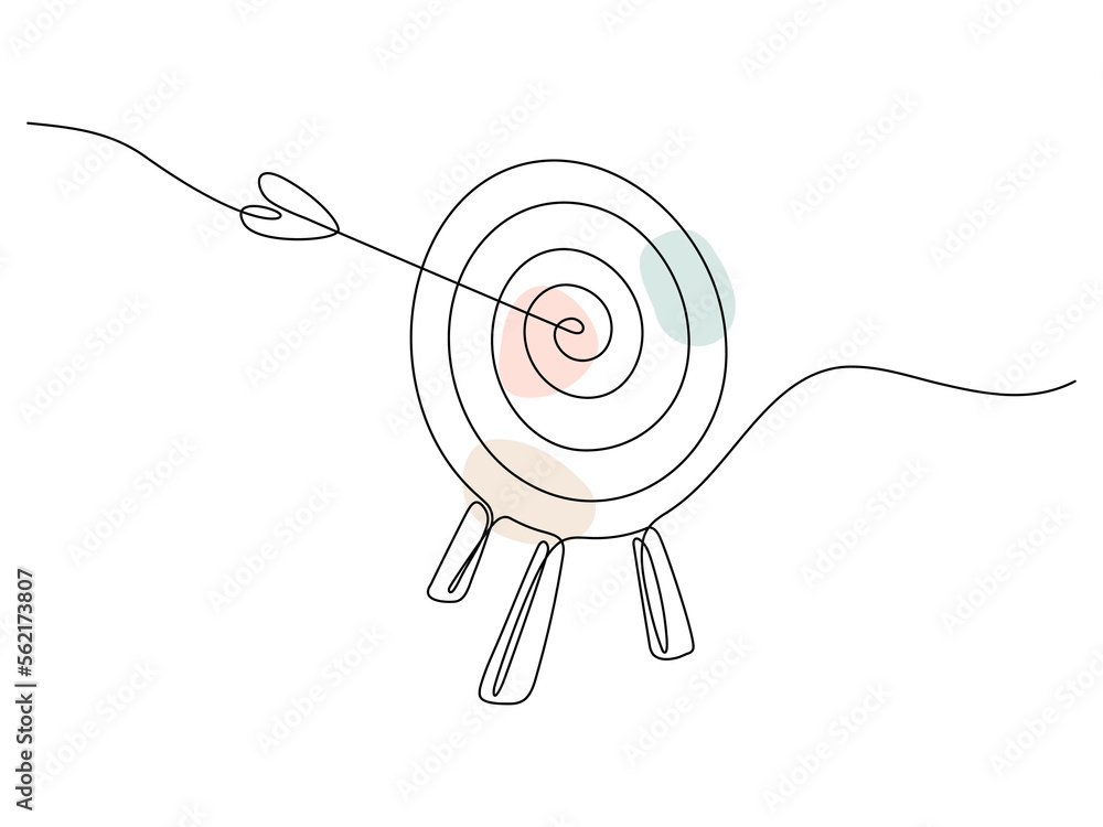 Poster target with arrow continuous line drawing. hand drawn linear goal circle with pastel shapes. vector 