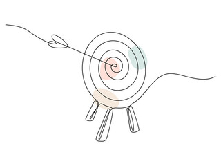 Target with arrow continuous line drawing. Hand drawn linear goal circle with pastel shapes. Vector illustration isolated on white.