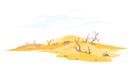 Sand dunes with dead trees and shrubs, arid deserted place without water and without plants, ecological drought concept illustration