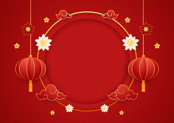 Happy Chinese new year 2023. Chinese new year banner with circle for show product. Greeting card. China frame with lantern on red background.