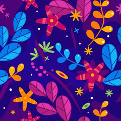 Floral simplify vector pattern with flowers and plants in different colors on violet background, blue and purple leaves with orange flowers decoration in saturated shades