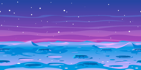 Cartoon Moon landscape with craters on space with stars, game background tileable horizontally, fantastic planet blue surface illustration © Oceloti