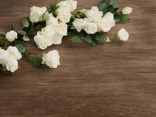 Saint Valentines Day background. Flat-lay of white flowers over wooden background. Generative AI illustrations.