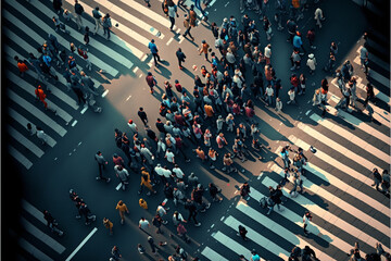 top view crowd of people walking on the road. Generative AI