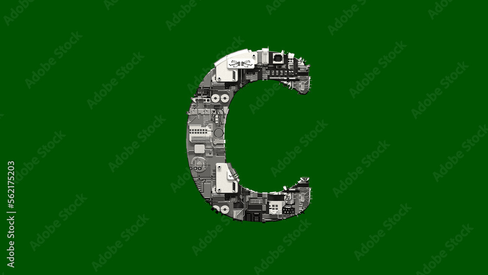 Poster letter c - cyber metal scrap font on green screen, isolated - object 3d rendering