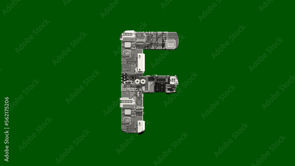 Poster letter f - cyber scrap metal font on chroma key screen, isolated - object 3d rendering