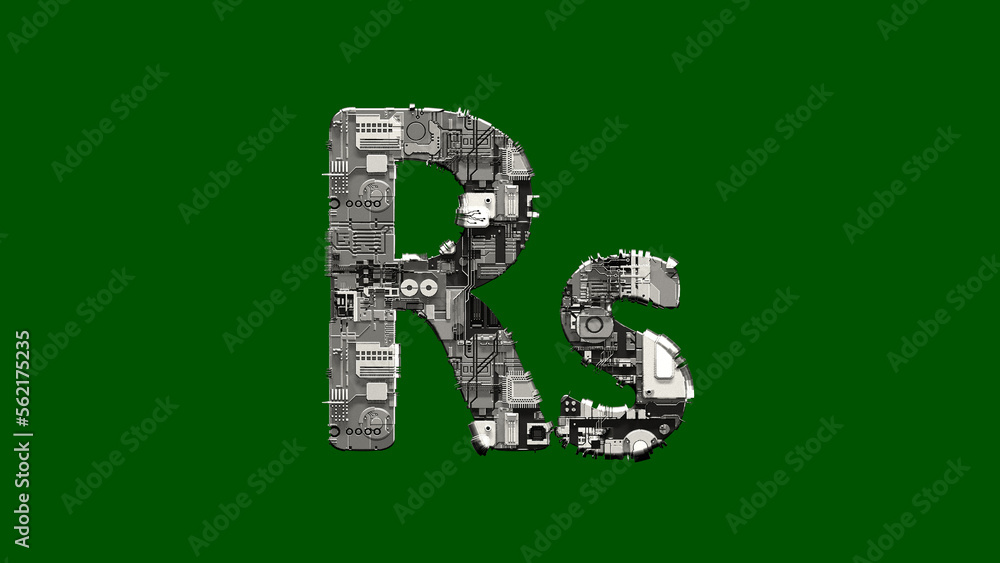 Poster rupee symbol - cyber scrap metal font on chroma key screen, isolated - object 3d rendering